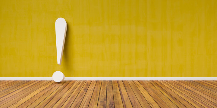 White exclamation mark on wooden floor and yellow concrete wall 3D Illustration Warning Concept