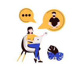 A beautiful woman using laptop for video call with his boy friend or colleague. Friends talking online. Online education and e-learning concept. Modern vector illustration.