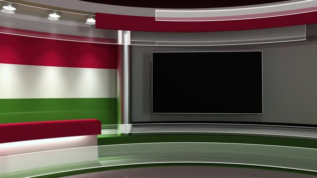 TV studio. Hungary flag studio. Hungary flag background. News studio. The perfect backdrop for any green screen or chroma key video or photo production. 3d render. 3d