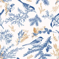 Gardinen Blaues nahtloses Muster mit Vögeln. © Lisla