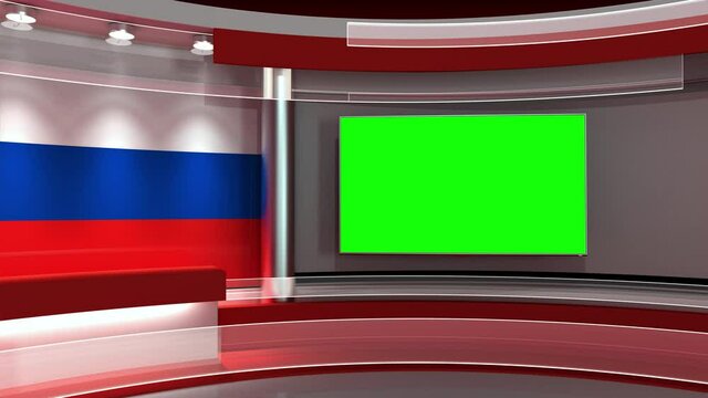 TV studio. Russia. Russian flag studio. Russian flag background. News studio. Backdrop for any green screen or chroma key video or photo production. 3d render. 3d
