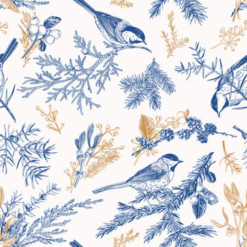 Blue seamless pattern with birds.