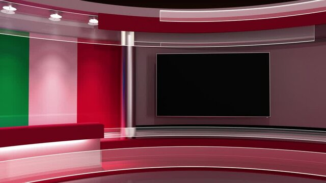TV studio. News. Italy flag studio. Italy flag background. News studio. The perfect backdrop for any green screen or chroma key video or photo production. 3d render. 3d 