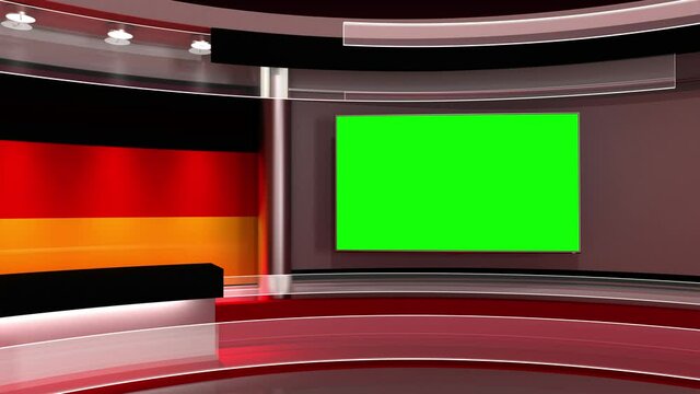 TV studio. Germany. German flag studio. German flag background. News studio. The perfect backdrop for any green screen or chroma key video or photo production. 3d render. 3d