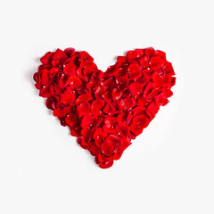 Heart made of red rose petals on isolated white background for valentine's day