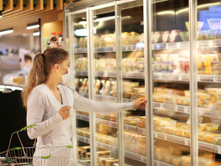 Woman choosing frozen food from a supermarket freeze.Supermarket shopping, face mask