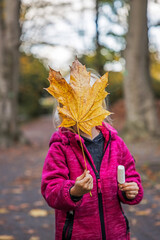 Kleines Kind hält ein Eis und gleichzeitig ein grosses Herbstblatt vor sein Gesicht