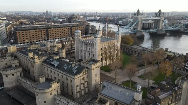 Fortress of the Tower of London Aerial footage, summer 2020 showcasing historic castle on the north bank of the River Thames in central London.
