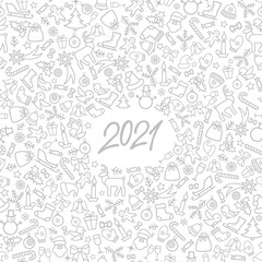 Christmas icon holiday background with numbers 2021. Happy New Year wallpaper. Winter holiday grunge greeting card design. Happy Winter Holiday Doodle Greeting Card with handwritten Lettering 2021