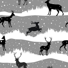 Snow winter landscape with deers. Illustration of winter forest skyline seamless pattern with snowfall. Snow winter holiday background.