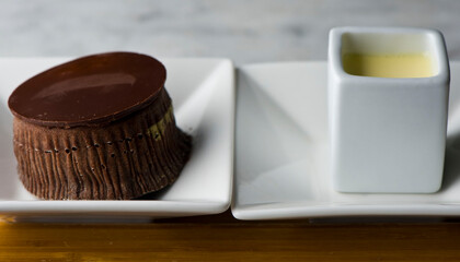 Chocolate cake with espresso ice cream. Classic American or French bakery favorite. Cookies, whipped cream, cakes, chocolate syrup butter, eggs and vanilla beans.