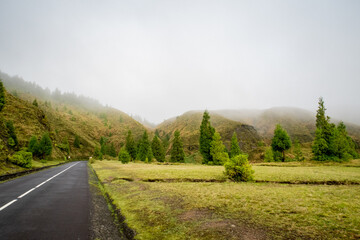 Foggy landscape in the Azores amidst the volcano mountains on the road