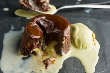Chocolate cake with espresso ice cream. Classic American or French bakery favorite. Cookies, whipped cream, cakes, chocolate syrup butter, eggs and vanilla beans.