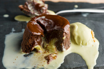 Chocolate cake with espresso ice cream. Classic American or French bakery favorite. Cookies, whipped cream, cakes, chocolate syrup butter, eggs and vanilla beans.