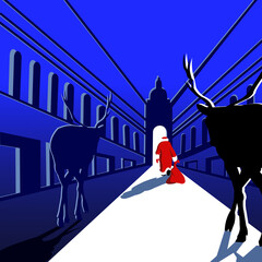Santa Claus and the reindeer leave . Background image
