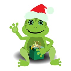 green frog in a red hat with a gift box isolated on a white background. greeting card design. children's poster, sticker.