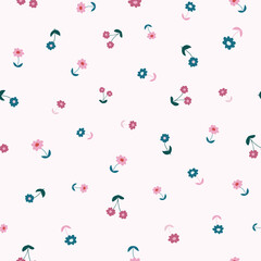 Cream, Blue , and Pink Tiny Daisy Seamless Pattern