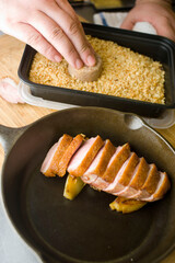 Roast duck. Duck breast pan seared in olive oil, butter, garlic and garnished with scallions, Italian parsley and lemons. Classic Italian and American restaurant or French bistro entree or appetizer.