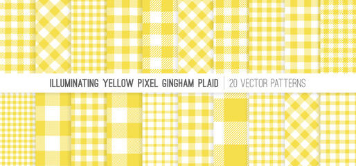 Illuminating Yellow Gingham Plaid Vector Patterns. 2021 Color Trend. Pixel Buffalo Check Tartan. Flannel Shirt Fabric Textures of Different Styles. Repeating Pattern Tile Swatches Included. - 398113747