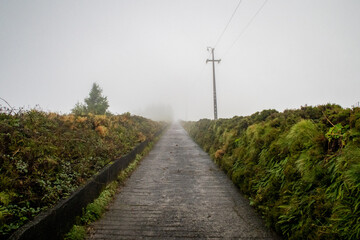 Fototapeta na wymiar Foggy landscape in the Azores amidst the volcano mountains on the road
