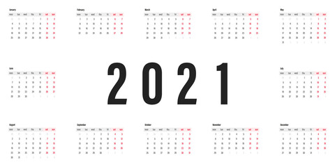 Tradicional calendar. Calendar 2021 template. Calendar starts sunday. Vector illustration.