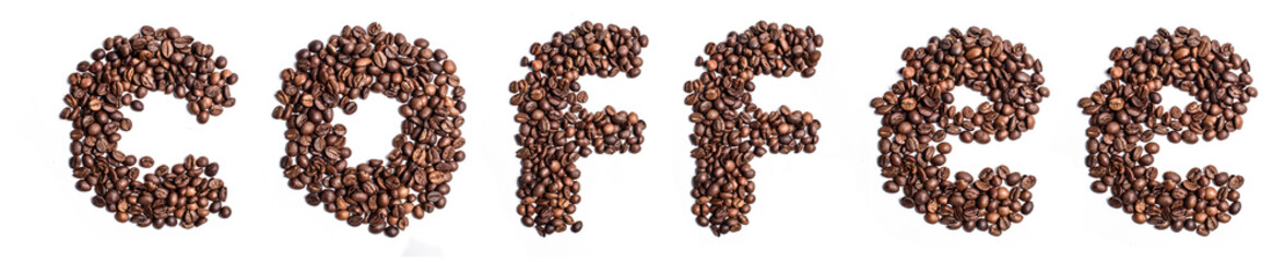 Coffee inscription made from beans on a white background