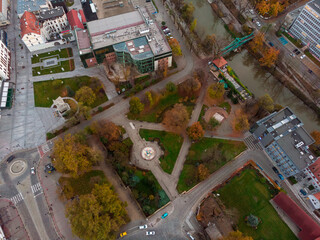 A drone view of the historic city with the market square, churches and town hall in Opole during the Autumn in Silesia, Opole, Poland.