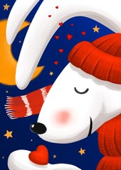 A series of New Year's cards. Rabbit in a red cap and in a scarf. 2021 year. A contented rabbit under the starry sky and moon. Moon in a clear sky. New year illustrations