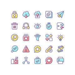 Interface RGB color icons set. Downloading and uploading different personal data. Print your text documents. Sending messages. Isolated vector illustrations
