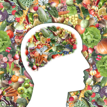 Organic Fruits and vegetables, around and inside human's brain profile
