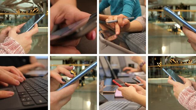 Smartphone compilation combination of eight various use closeups of mobile phone