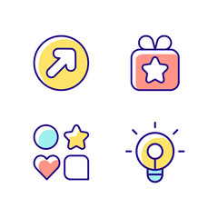 Mobile application comfortable interface RGB color icons set. Sending gifts with help of internet. Lamp with helping message. Isolated vector illustrations