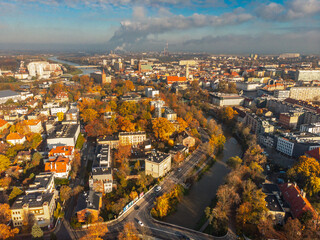 Naklejka premium A drone view of the historic city with the market square, churches and town hall in Opole during the Autumn in Silesia, Opole, Poland.