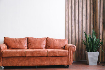 Orange leather sofa with with white wall in background with home plant