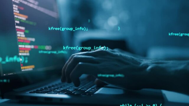 Close up hand of developing programming and coding technologies. Programmer hand typing on keyboard. Put on the wood table at night. Programmer concepts.