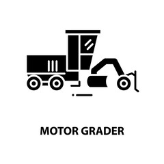 motor grader icon, black vector sign with editable strokes, concept illustration