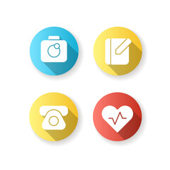 Mobile interface flat design long shadow glyph icons set. Camera. Notebook. Phone book. Taking photos. Health and wellness. Taking text notes. Calls, SMS, emails. Silhouette RGB color illustration