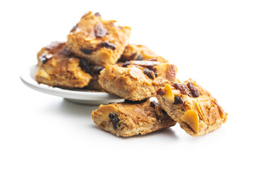 Crunchy cereal cookies with nuts and raisins isolated