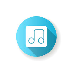 Music app blue flat design long shadow glyph icon. Creating playlists. Songs and podcasts listening. Live broadcast radio stations. Music streaming. Silhouette RGB color illustration