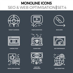 Line icons set with flat design of search engine optimization. Target audience, video marketing, backlinks, landing page, clean code, perfomance, social engagement, cost per impression. Monoline icons