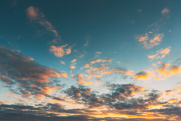 Natural Dramatic Sky In Different Colours During Sunset Sunrise. Colorful Sky Background. Beauty In Nature