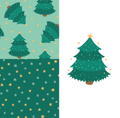 Set of patterns with christmas trees and stars. Winter spruse with snowflakes. Vector flat illustration. 