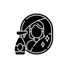 Wiping mirror black glyph icon. Domestic chore, bathroom cleaning. Household hygiene, housekeeping silhouette symbol on white space. Washing windows and mirrors. Vector isolated illustration
