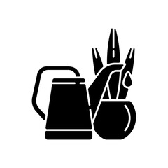 Watering plants black glyph icon. Housekeeping chore, urban gardening. Horticulture hobby silhouette symbol on white space. Decorative potted houseplant and water can. Vector isolated illustration