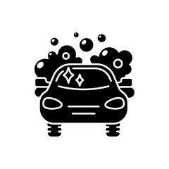 Car washing black glyph icon. Professional vehicle maintenance service, personal transport washing and polishing. Housekeeping chore silhouette symbol on white space. Vector isolated illustration