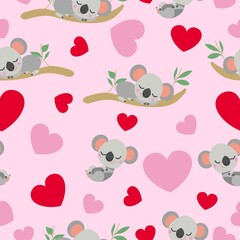 St Valentine’s Day. Seamless pattern. Baby koala sleeping on eucalyptus tree. Funny and cute. Red, pink hearts. Pink background. Post cards, wallpaper, textile, wrapping paper. Love and romance