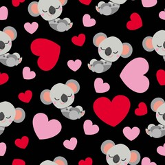 St Valentine’s Day. Seamless pattern. Cartoon baby koala sleeping and smiling. Funny and cute. Red, pink hearts. Black background. Post cards, wallpaper, textile, wrapping paper. Love and romance
