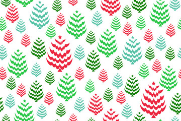 Red and green christmas trees on a white background. Winter forest. Seamless pattern. Vector illustration.