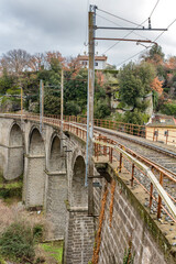 Vintage railroad view in Bagnaia, Lazio, Italy.