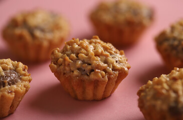 Nut cake with caramel close-up